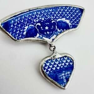 Shard Brooch Pin Chinese Porcelain Silver Setting Blue and White China Vintage